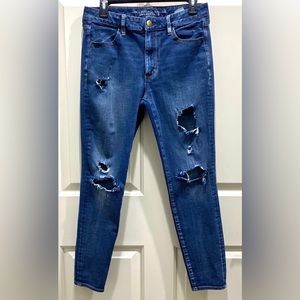 American Eagle 360 Super Stretch Destroyed Blue Denim Hi-Rise Jeggings Size 12